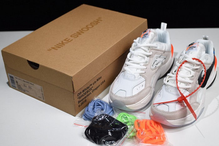 ow x nike m2k tekno white, black & team orange a03108 058